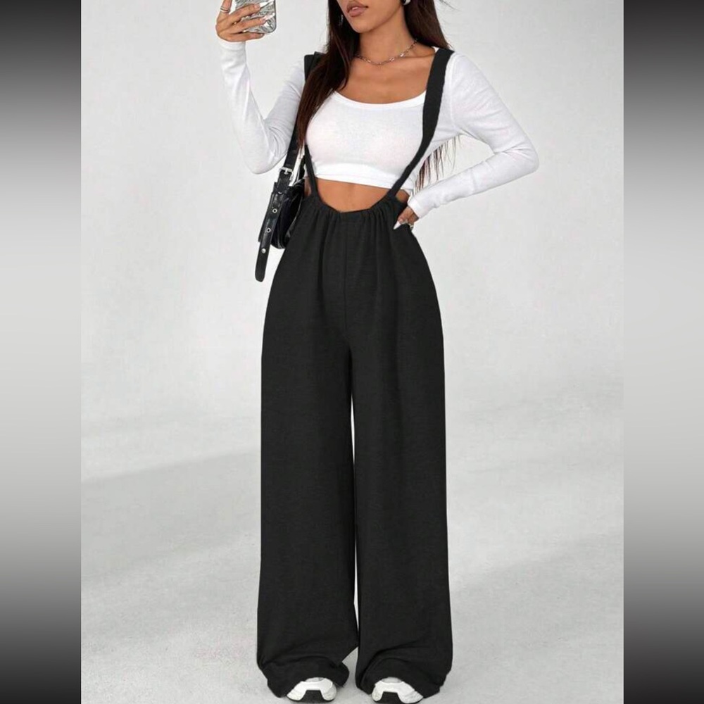 Jumpsuit overall Black Women's tie adjustable strap wide leg - Picture 4 of 4